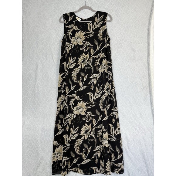 Vtg Talbots Midi Maxi Dress 14 Black Tan Floral Sleeveless Fairygrunge 90s Y2K - Picture 1 of 11